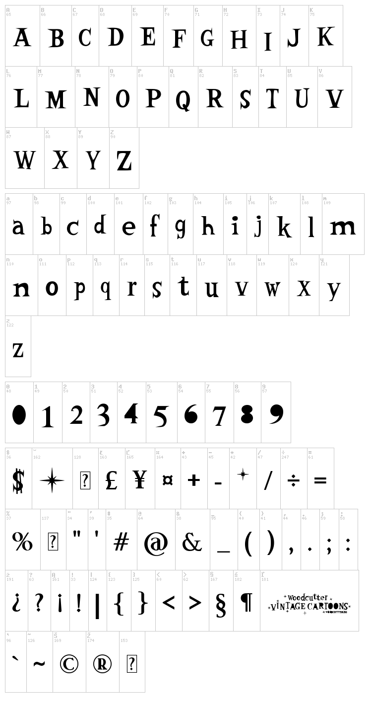 Woodcutter Vintage Cartoon font map